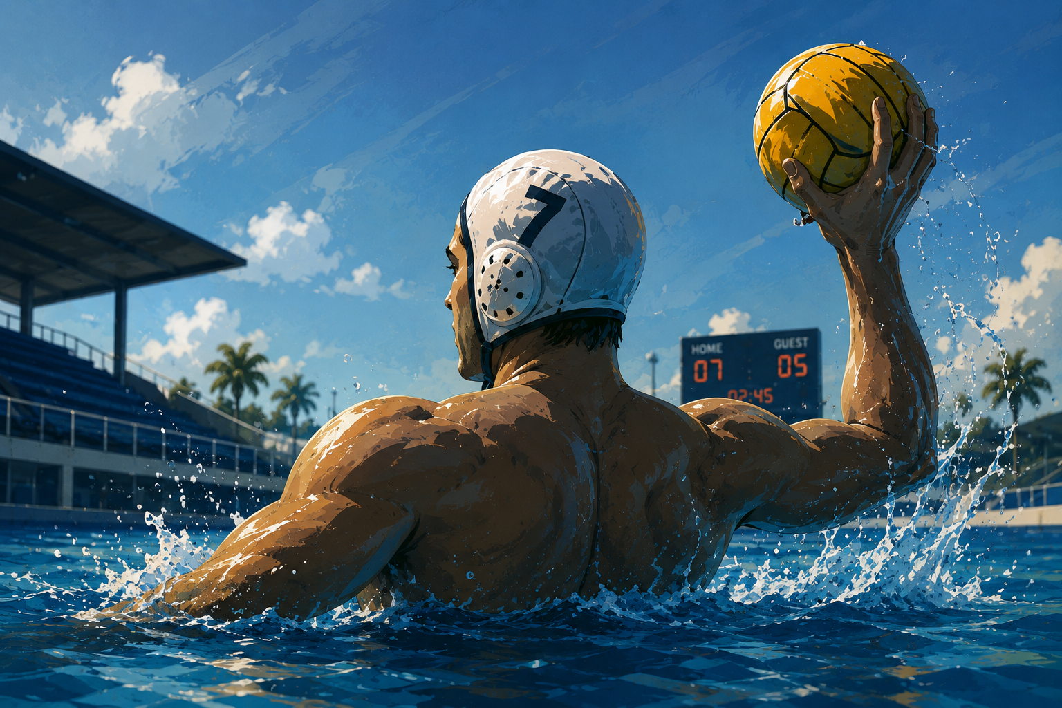 Water polo player rising from the water holding a ball, stadium and blue sky behind